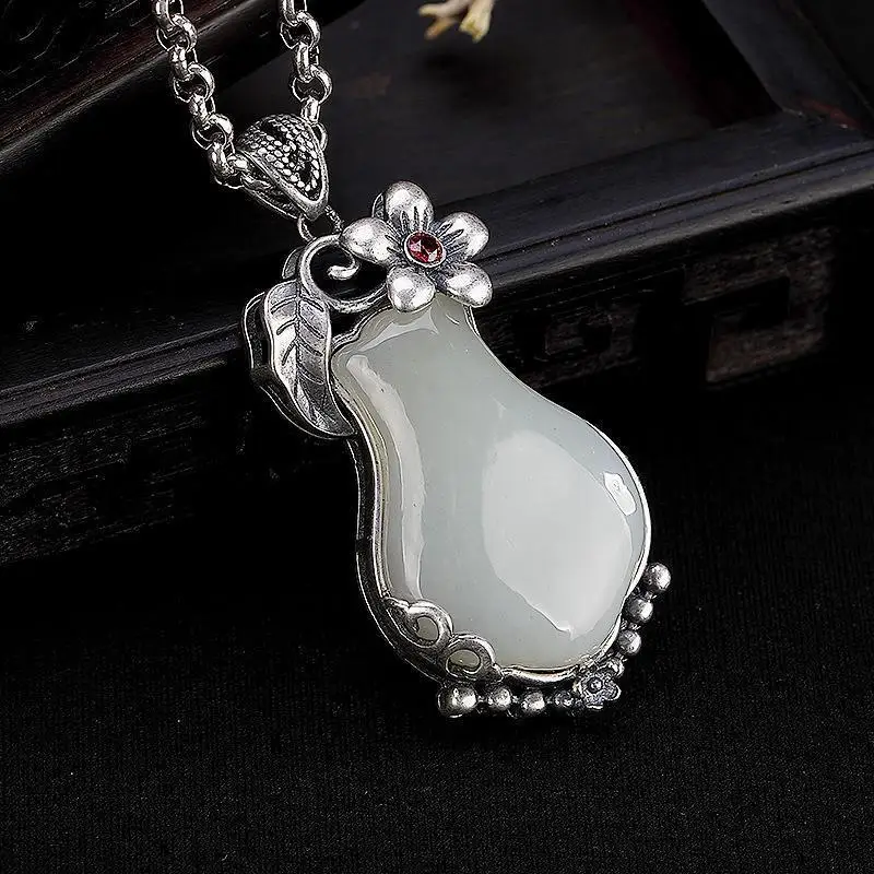 

Original Retro S925 Silver Plum Vase National Style Hetian Jade White Jade Retro Personality Female Sweater Chain Pendant