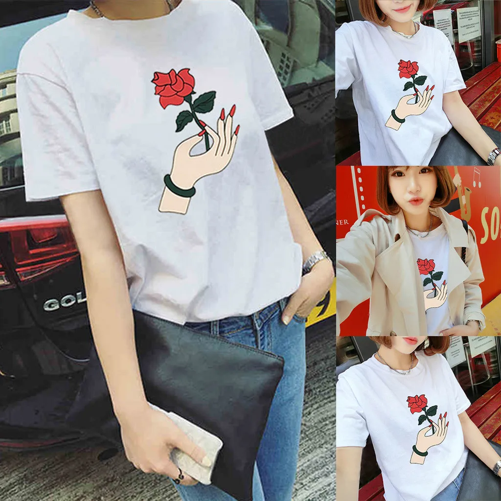 Футболка женская с принтом роз модный Свободный Топ коротким рукавом и круглым