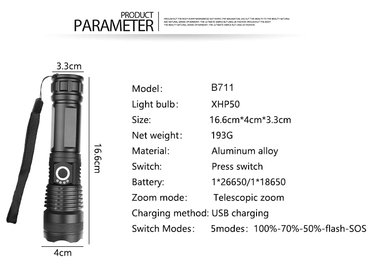 Мощный светодиодный фонарик XHP50.2 18650/26650 лм перезаряжаемый от USB с зумом ручной