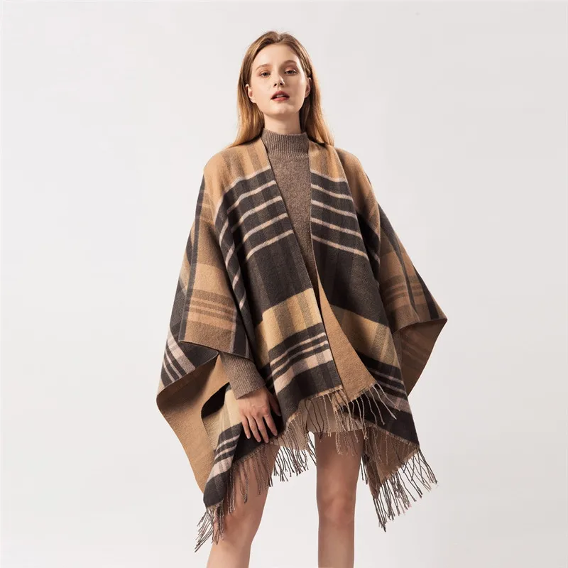 

2021 winter Women's Plaid Sweater Poncho Cape Coat Open Front Blanket Shawls and Wraps Thicken warm pashmina scarf with tassels