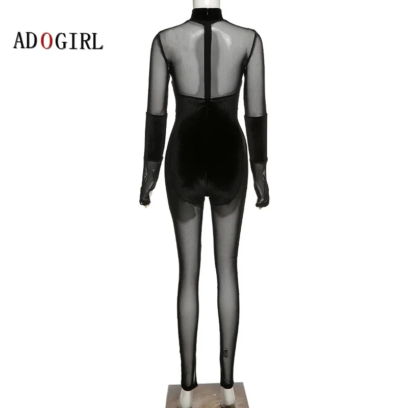 

Adogirl Transparent Bodycon Jumpsuit Women Turtleneck Elegant Night Party Jumpsuit Velvet Long Sleeve Mesh Patchwork Outfits
