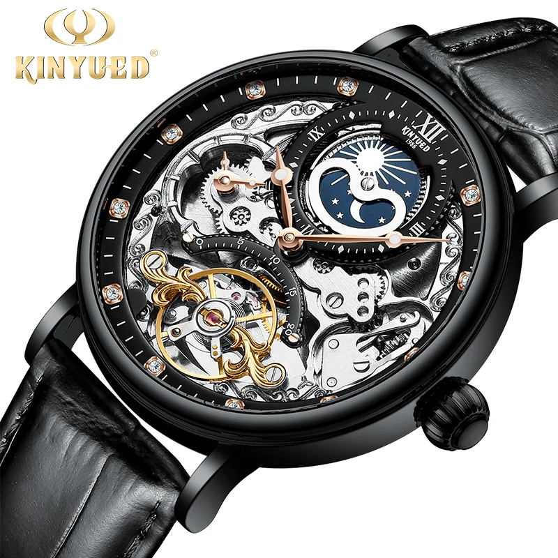 KINYUED Mechanical Automatic Watch Skeleton Watch for Men Men Tourbillon Sport Clock Casual Business Moon Phase Wrist Watch