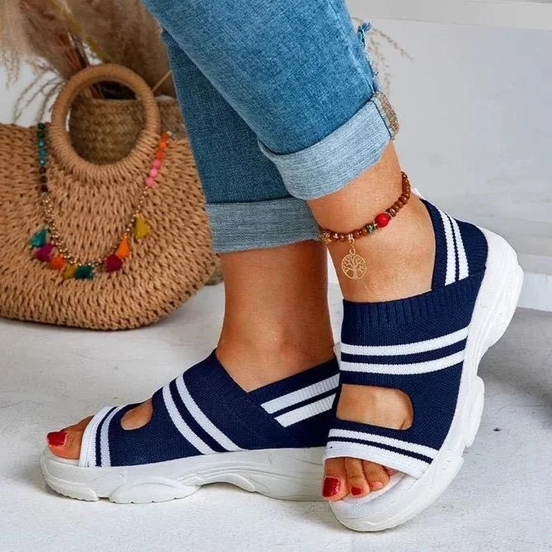 

New Platform Stretch Knitted Peen Toe Women Sandals Color Block Casual Sandals Comfortable Breathable Plus Size Women's Shoes