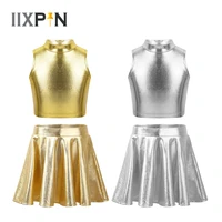new girls modern dance skirt ballroom jazz dancing dress children metallic sleeveless tops and a line mini short skirts