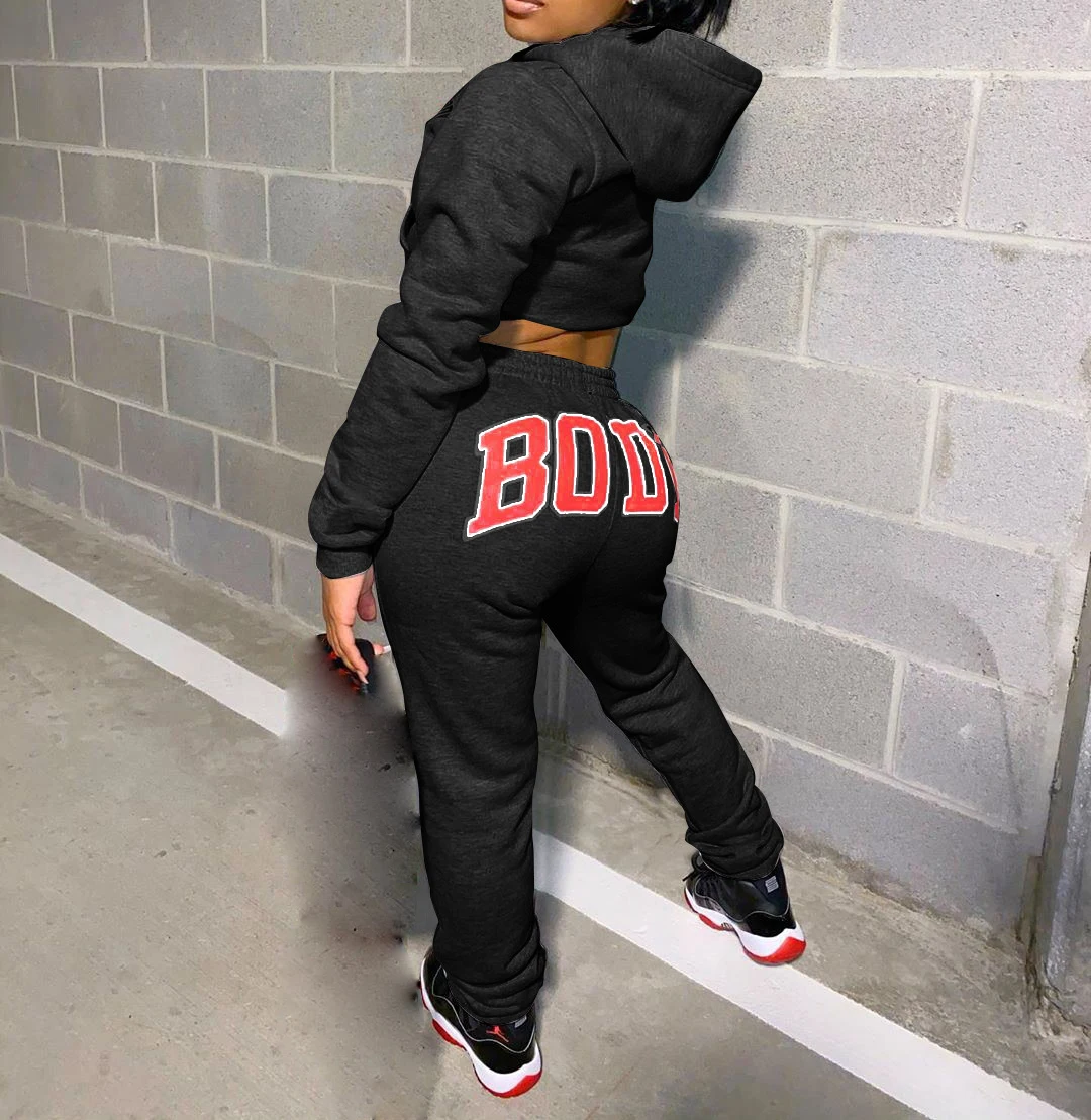 

Autumn Winter Thick fleece Hoodies Tops and Pants Two Piece Set Women Tracksuit Crop Top Trousers Casual Sportswear Matching Set