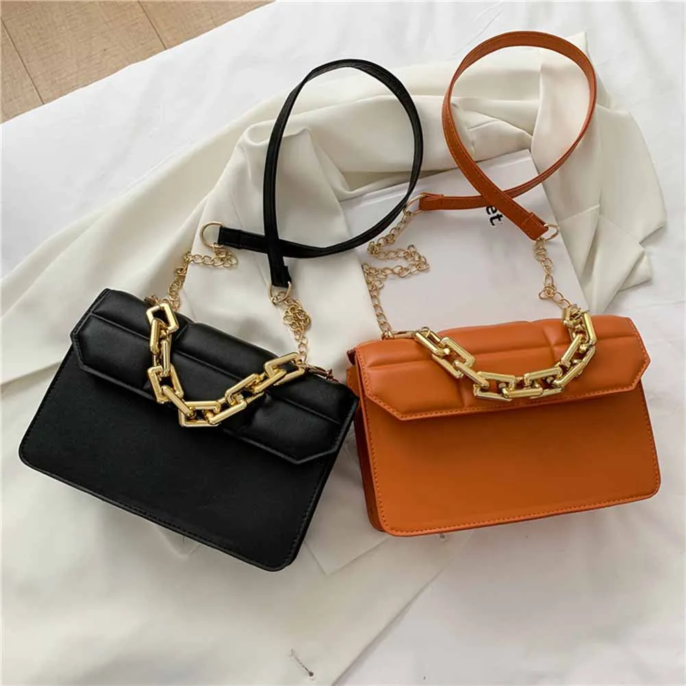 

2021 Fashion Women's Bag Checker PU Thick Chain Pure Color Shoulder Crossbody Messenger Bag Soft Leather Luxury Designer Handbag