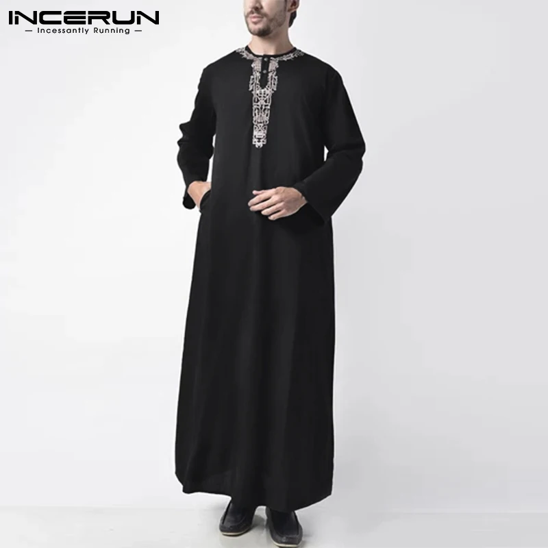 

INCERUN Men Muslim Jubba Thobe O Neck Long Sleeve Printed Casual Robes Dubai Saudi Arabia Caftan Islamic Arabic Kaftan Men S-5XL