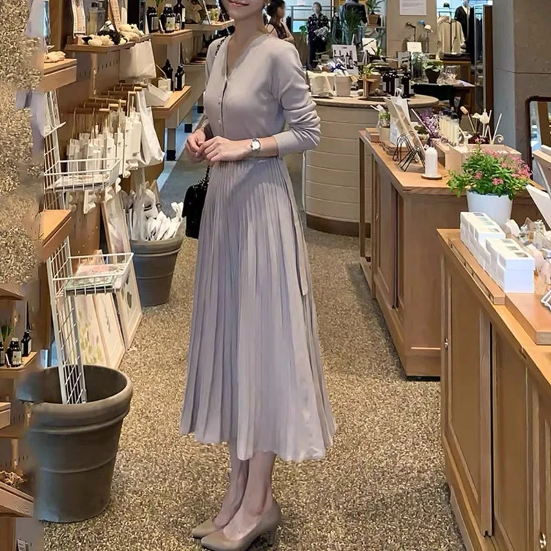 

Elegant V-neck Single-breasted Women Thicken Sweater Dress 2021 Autumn Winter Knitted Belted Female A-line soft dresses