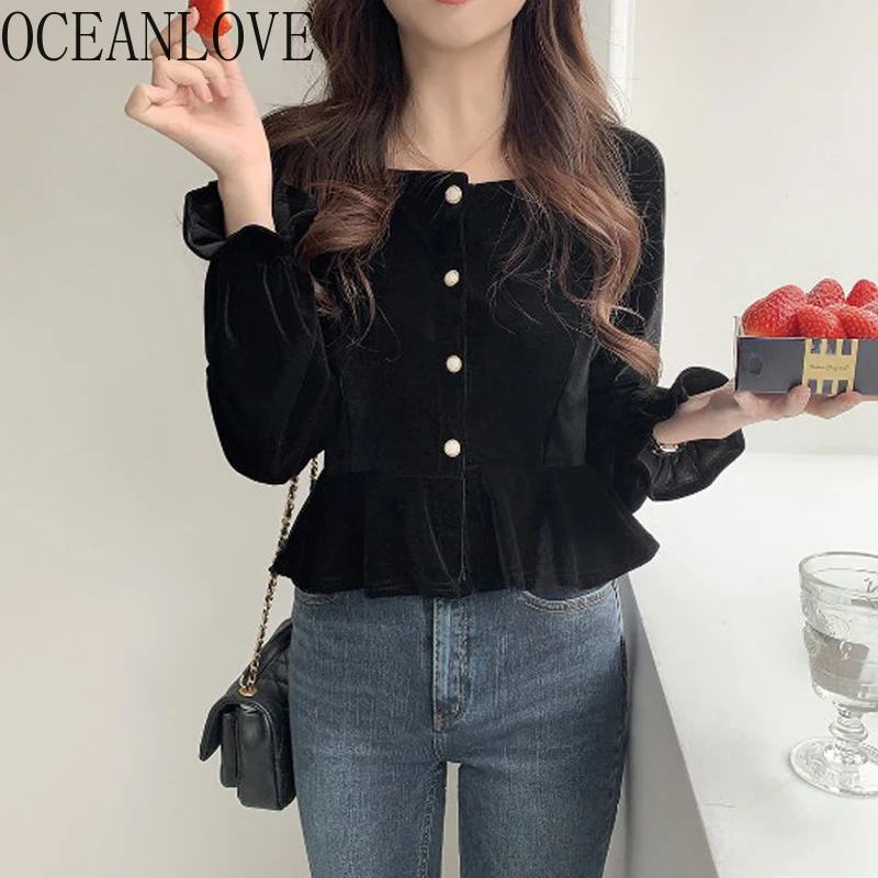 Женские Бархатные Топы и блузки OCEANLOVE элегантные весенние Рубашки черного цвета