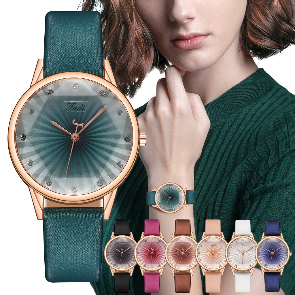 

New Korean Womens Wristwatch Fashion Female Wrist Watch Creative Diamond Dial Green Leather Strap Ladies Wrist Watch Reloj Mujer