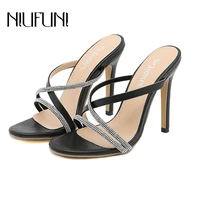 niufuni slip on women slippers rhinestone strappy mule high heels slippers sandals flip flops pointed slides party shoes woman
