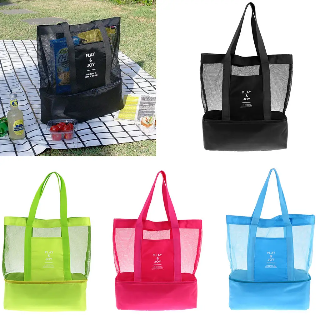 

Large Capacity Beach Tote Stuff Mesh Bag Insulated Cooler Bag Outdoor Picnic Bag