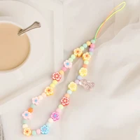 fashion cute colorful flower resin bears mobile phone chain womens candy color beads telephone anti lost lanyard jewelry gifts