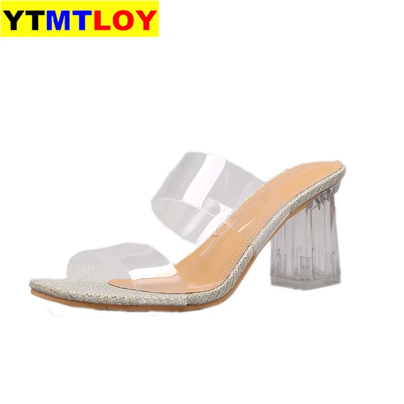 Новые летние босоножки золотистого цвета Прозрачные Высокие каблуки тапочки