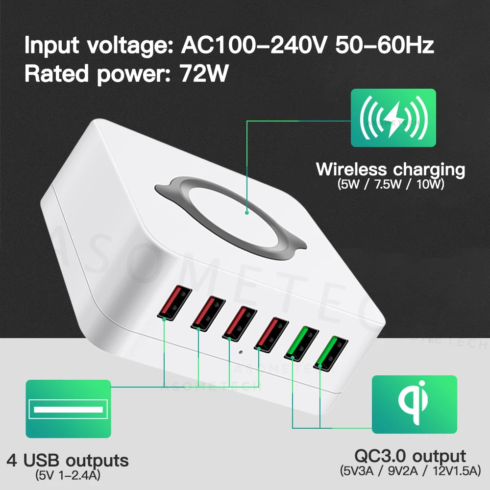 Зарядное устройство с 6 портами USB 72 Вт 10 беспроводной двойной адаптер быстрой