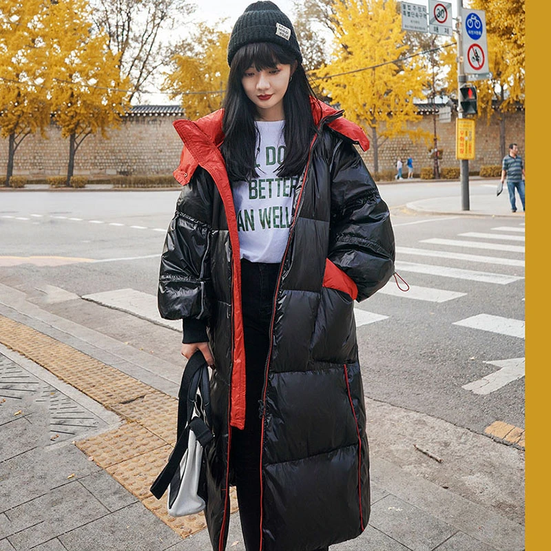 

Unua amo Winter Coat Woman Long Hooded Warm Parka 2021 Fashion Glossy Hit Color Spliced Design Puffer Jacket Female YY098A