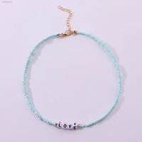 bohemian hand woven color rope rice bead necklace ethnic fashion sweet simple letter acrylic pendant ladies party accessories