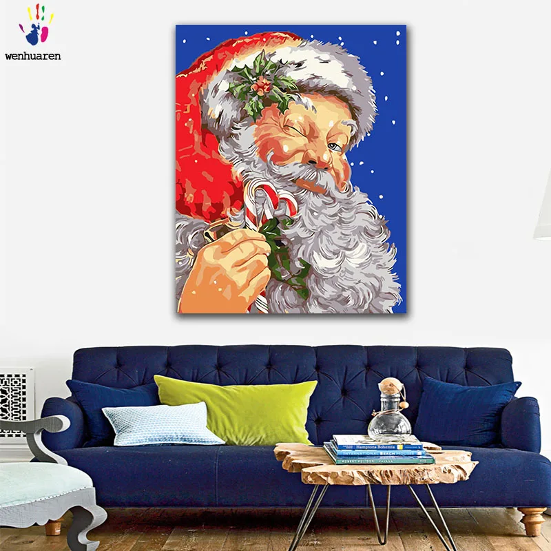 DIY Раскраска по номерам Санта Клаус и Рождественская палка селфи рисунок картины