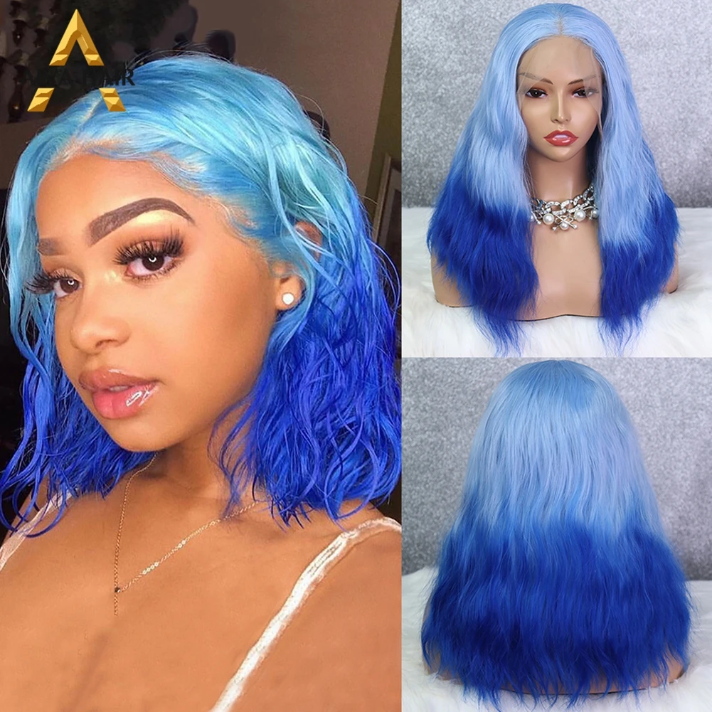Ombre Blue Bob Synthetic Lace Front Wig Glueless Wave Synthetic Lace Wigs Heat Resistant Cosplay Short Wigs For Black Women Aiva
