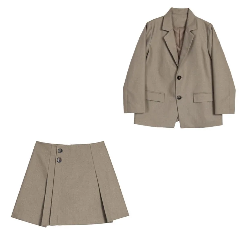 

[DEAT] Dress Two Pieces Suit New Notched Long Sleeve Loose Khaki Pockets Button Fly High Waist Women Fashion Summer 2021 7E519