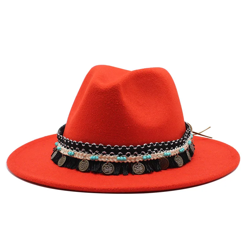 Seioum Unisex Panama Wool Felt Fedora Hats Decoration Fashion Flat Brim Jazz Formal Top Hat Bowler Hat Derby for Men Women