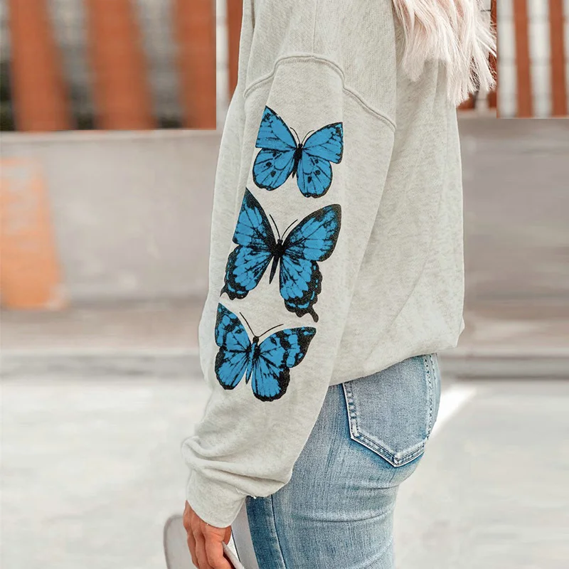 

Fashion Grey Long Sleeve Women Butterfly Print Casual Round Neck Women Blouse Winter Tops Women Drop Shipping