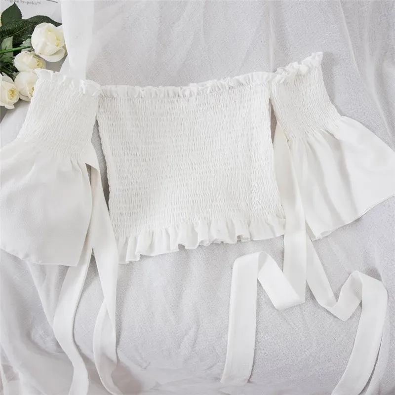 white blouse Neploe, однотонная плиссированная блуза с бантом, женская блузка с вырезом лодочкой и открытыми плечами, короткий укороченный топ, блузка, летняя, короткий рукав, тонкая женская рубашка 68079 - Цвет: white blouse