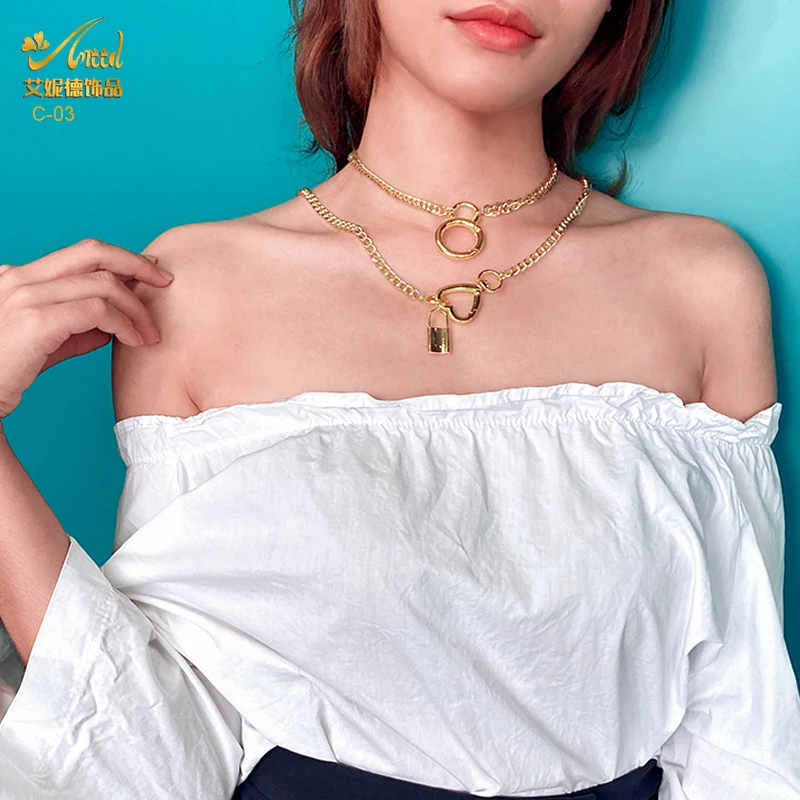 

2021 New Fashion Jewelry Multilayer Gold Color Lock Necklace Key Padlock Heart Pendant Chain Punk Chokers Women's Accessories