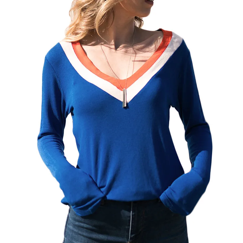 Осенние футболки футболка с длинным рукавом Женская Повседневная v-образным