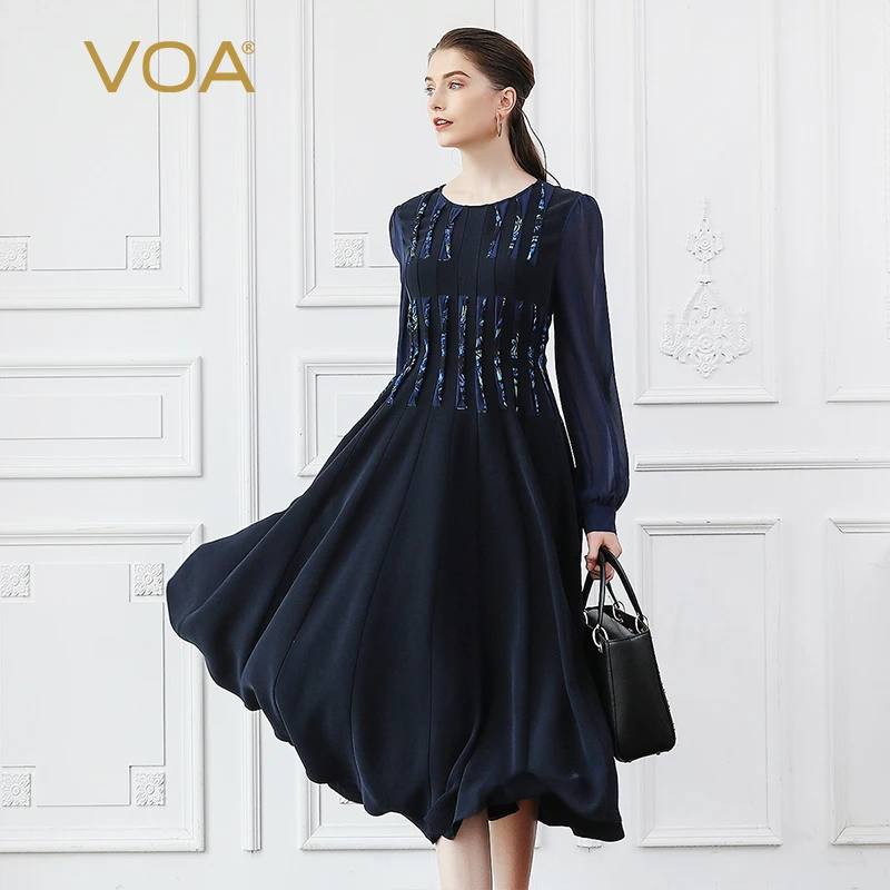 VOA40 Mummi тяжелое шелковое Прозрачное платье с длинными рукавами и круглым вырезом