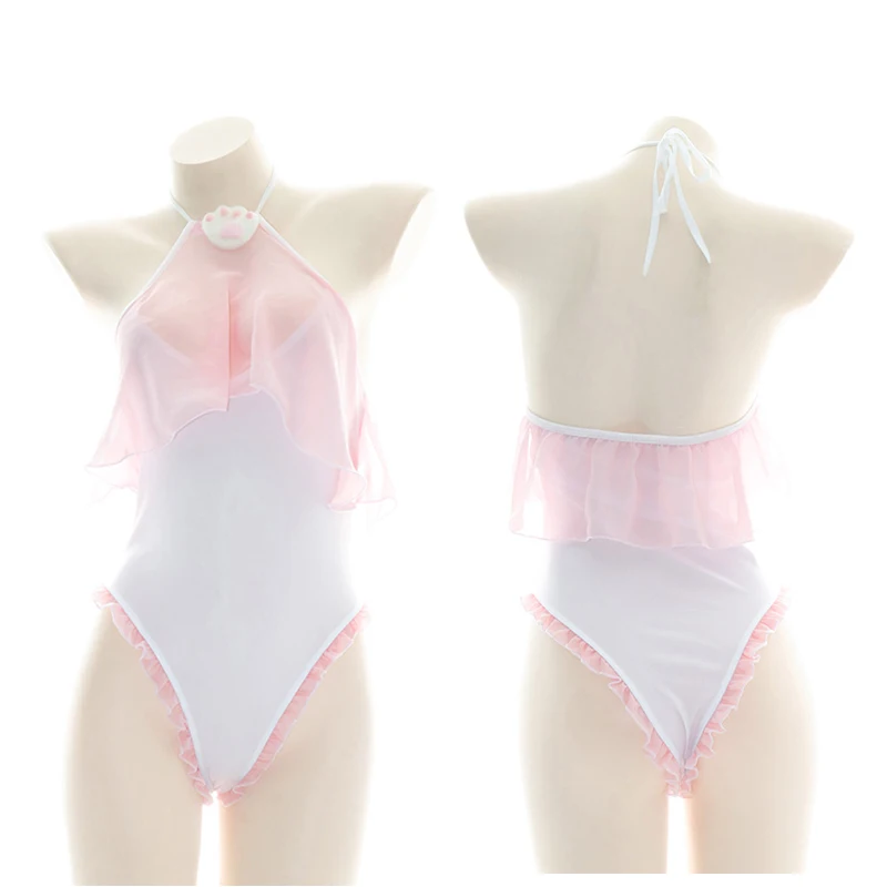 

Super Sexy Cute Pink Girl Cat Paw Open chest Bodysuit Swimsuit Sukumizu Pajamas Lolita Private Translucent Mesh Ruffle Underwear