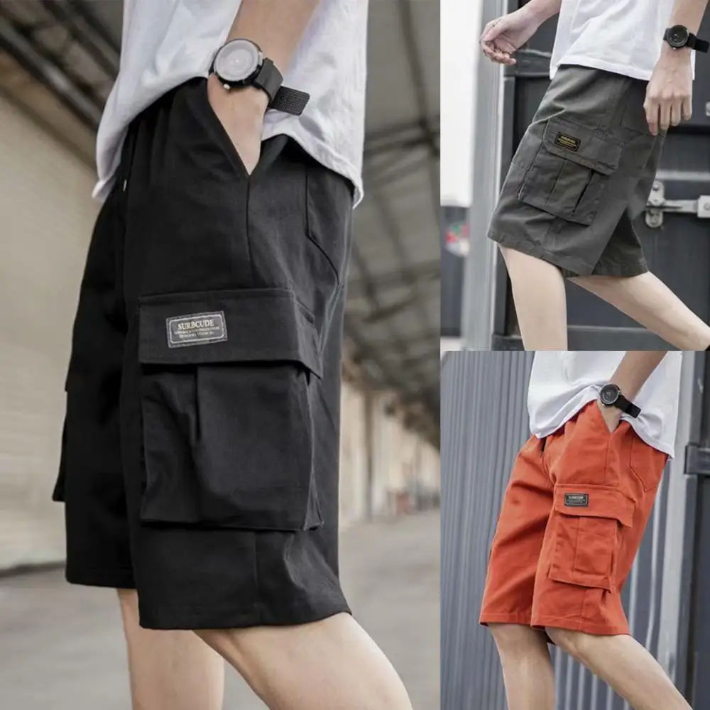 

Men Casual Solid Color Elastic Waistband Fifth Cargo Pants Drawstring Shorts