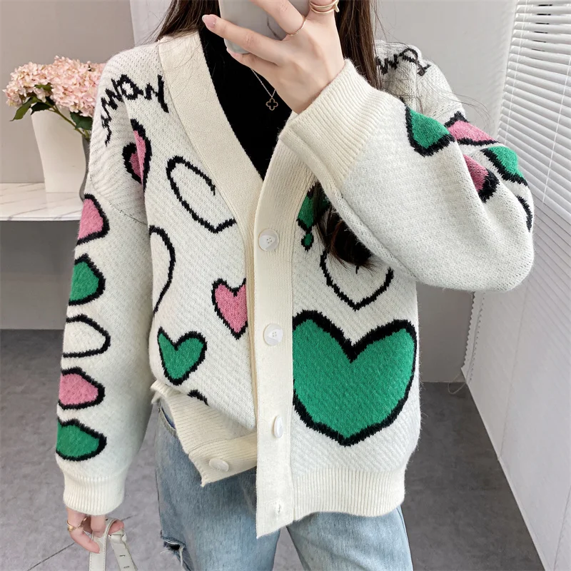 

Autumn Women Outside Sweater O-Neck Single-breasted Cardigan Sweet Heart Suits Ladies Casual Urban Regular Bottons Knitwear