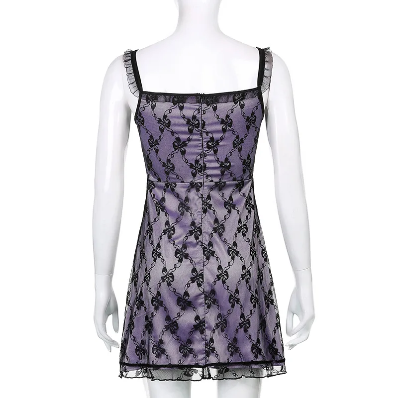 

E-girl Summer Women Streetwear Gothic Black Lace Trim Cami Dress Y2K Aesthetics Purple V-neck Straped Backless A-line Dresses