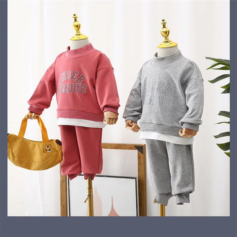 

Celveroso 2021 new leisure sports set spring and autumn boys and girls baby Korean alphabet sweater false three-piece set