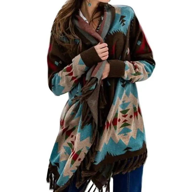 

Women Long Sleeve Tassel Cardigan Coats Boho Print Irregular Baggy Outwear