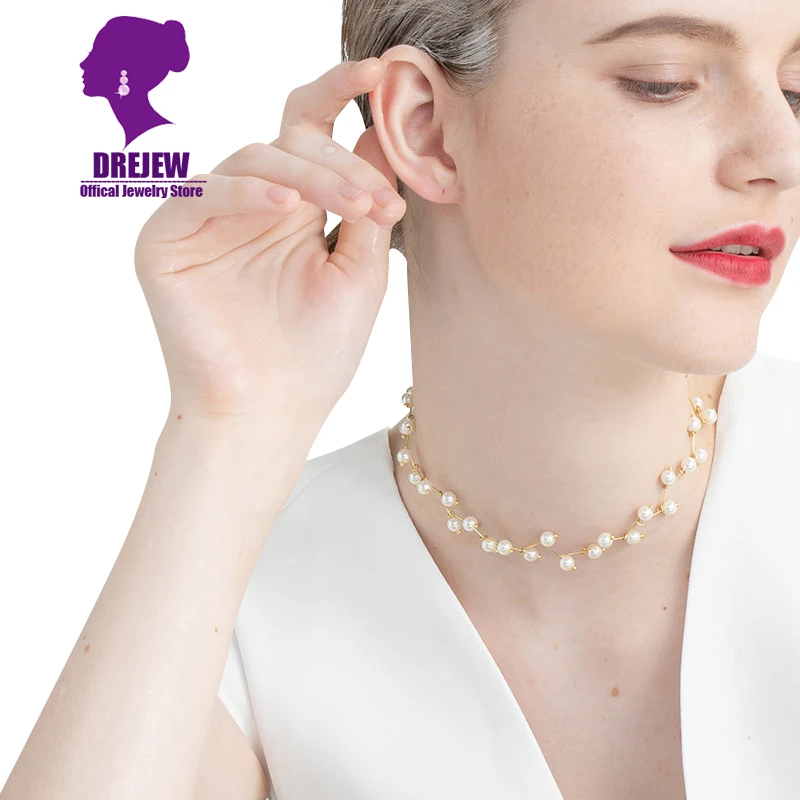 DREJEW Korean Short Pearl Crystal Statement Choker Necklaces Silver Gold Black Necklace for Women Friend Collares boho Jewelry