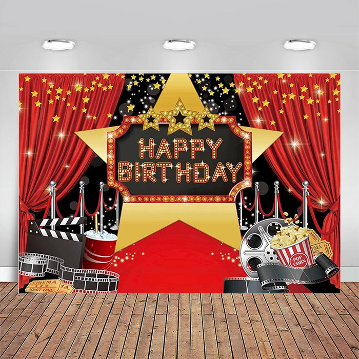 Movie Night Happy Birthday Backdrop Red Carpet Popcorn Bday Party Supplies Film Theatre Theme Photography Background Awards Prop