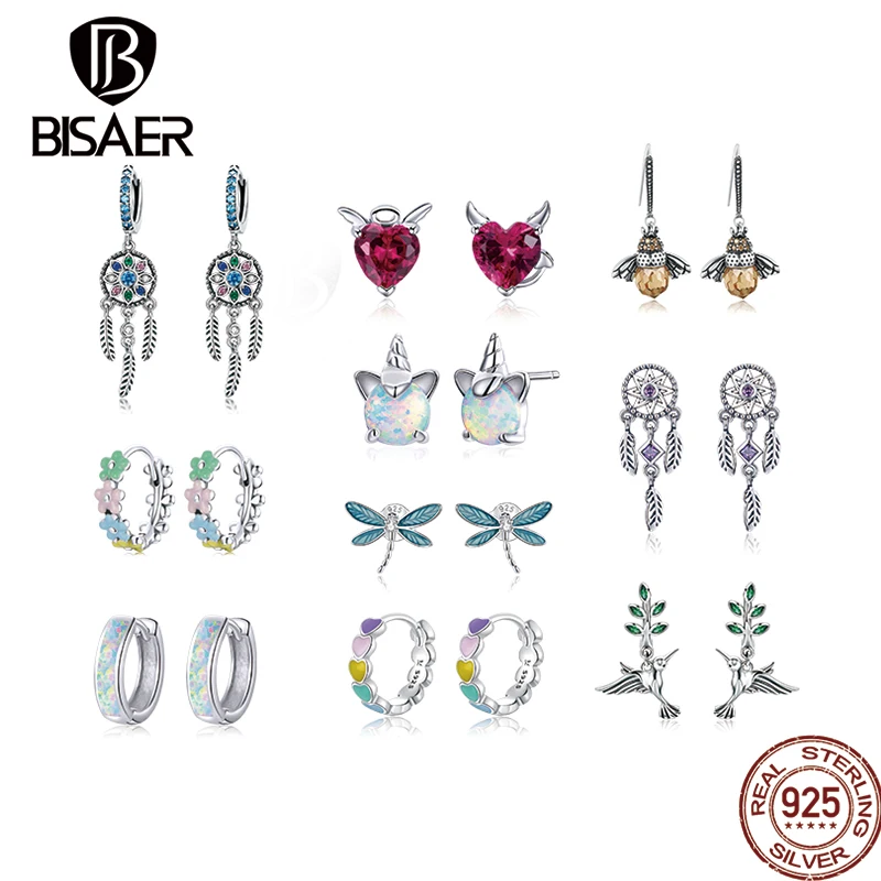 

Bisaer Earrings Colorful Animal 925 Sterling Silver Stud Earring Heart Shape Zircon Earring For Women Original Fine Jewelry Gift