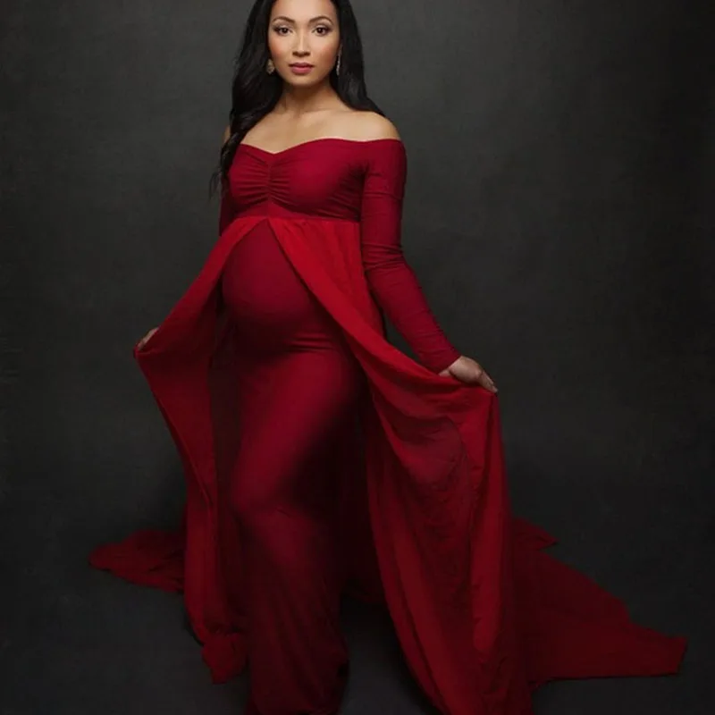 

Shoulderless Long Sleeve Pregnancy Dress Photography Props Maternity Maxi Gown Dresses For Photo Shoot Pregnant Women Clothes