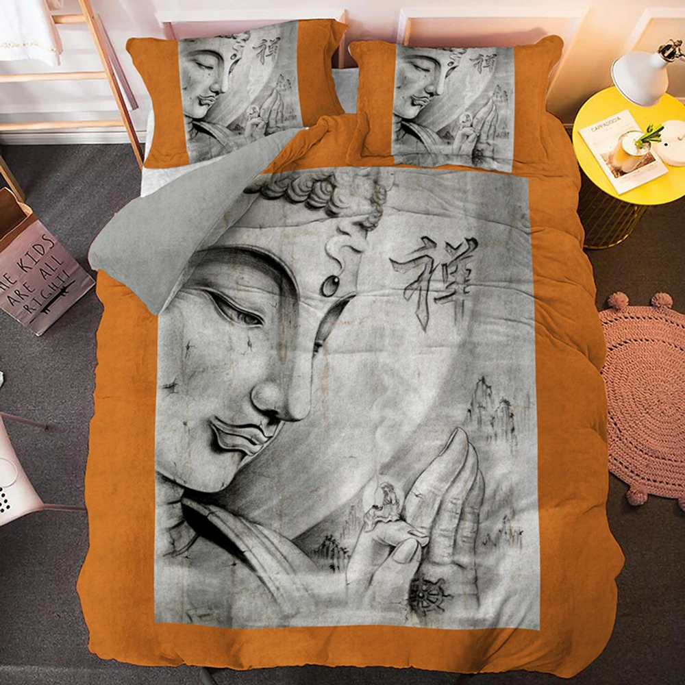 Оранжевый фон Будда татуировки король Постельный набор королева один двойной