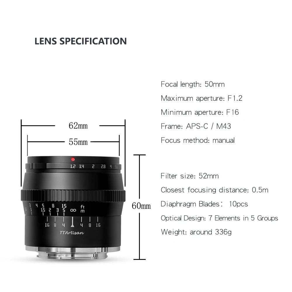 TTArtisan 50mm F1.2 APS-C Manual Focus Camera Lens for SONY E FUJI X Canon M Panasonic Olympus M43 Black | Электроника