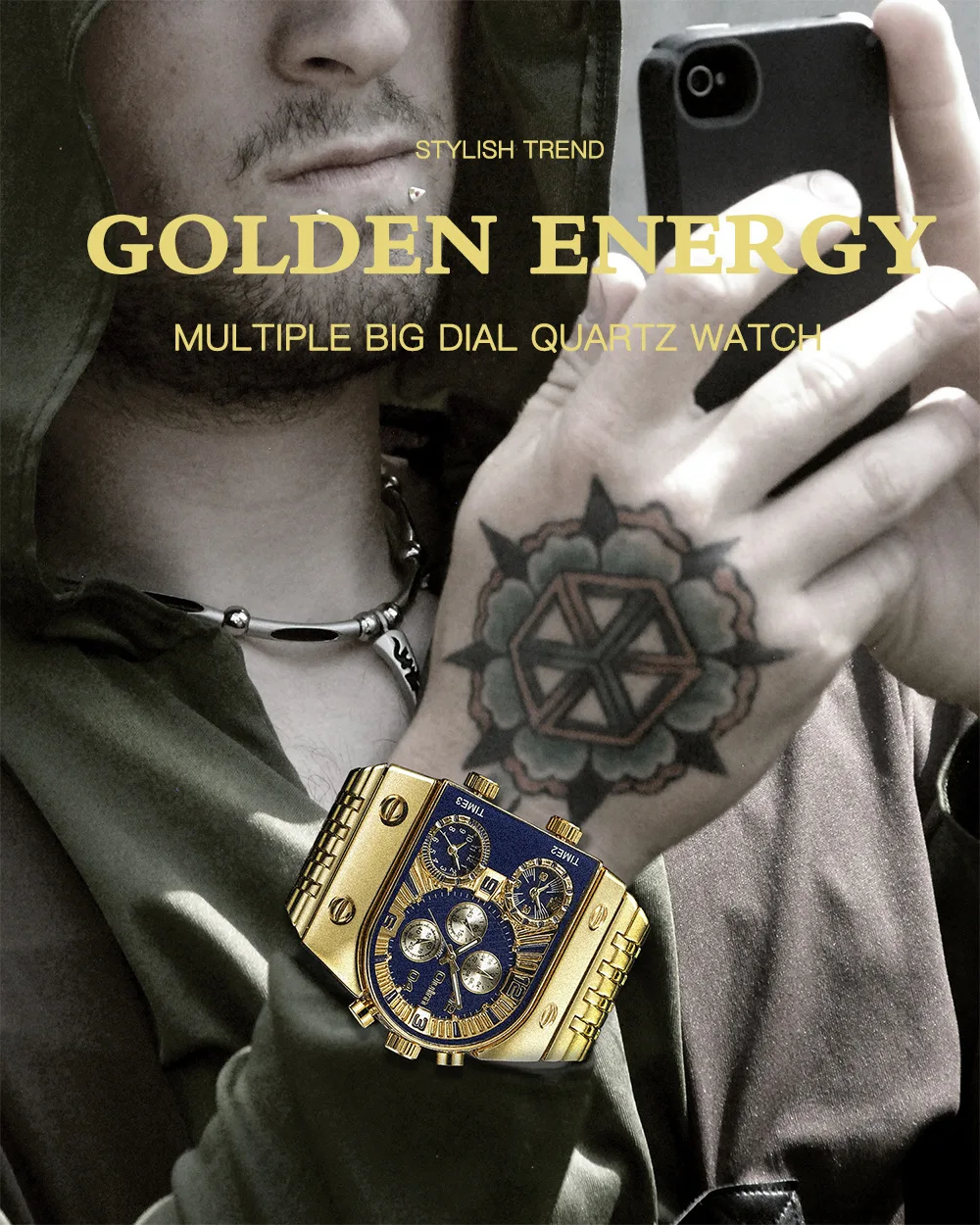 

Men's Watch New Multi Time Zone Large Dial Luminous Watch Steel Band Leisure Quartz Watch