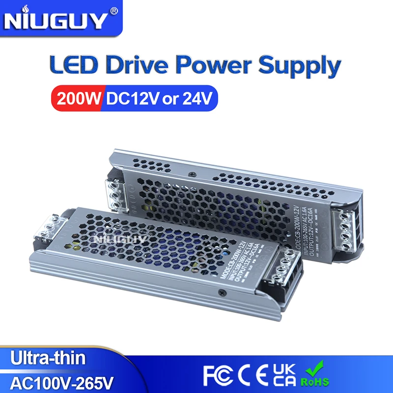 Fuente de alimentación LED ultradelgada 24V DC 12V transformadores de iluminación 200W AC 100V-265V controlador para tiras LED