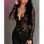 Сексуальный женский кружевной прозрачный комбинезон из сетки, облегающий боди с глубоким V-образным вырезом, вечерние Клубные топы, боди с длинным рукавом