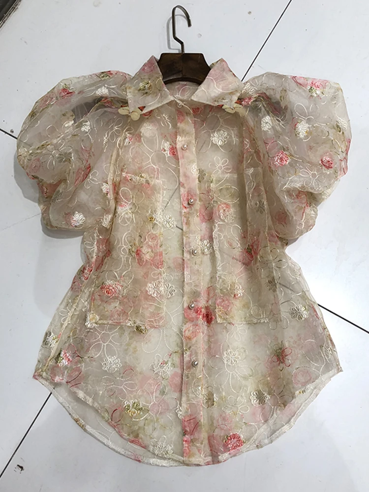 Женская тонкая рубашка из органзы с рукавами-фонариками и вырезами в стиле ретро