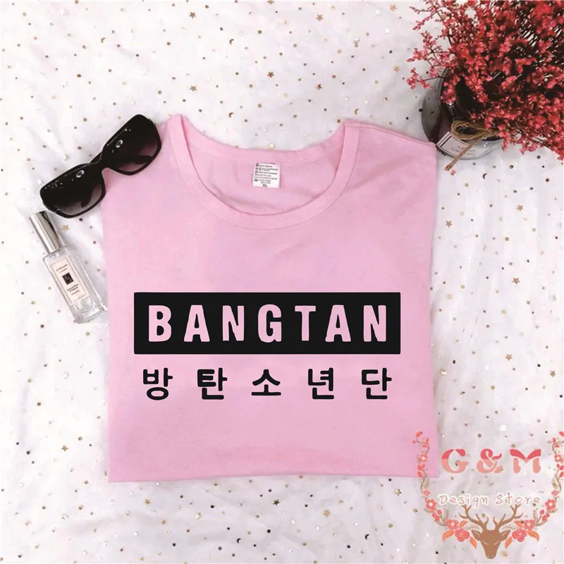 В стиле группы Bangtan Boys 방letter Letter Письмо печати Харадзюку Kpop корейский стиль Женская футболка мода короткий рукав хлопок женские летние топы - Цвет: pink t black words
