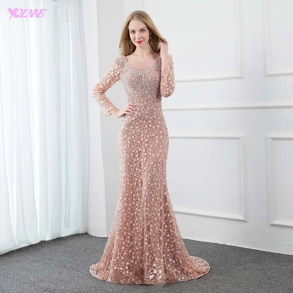 Picture Color YQLNNE пыльно-розовый кружево вышитое длинное вечернее платье длинный рукав Жемчуг Кристаллы Русалка Формальные женские вечерние платья - Цвет: Picture Color