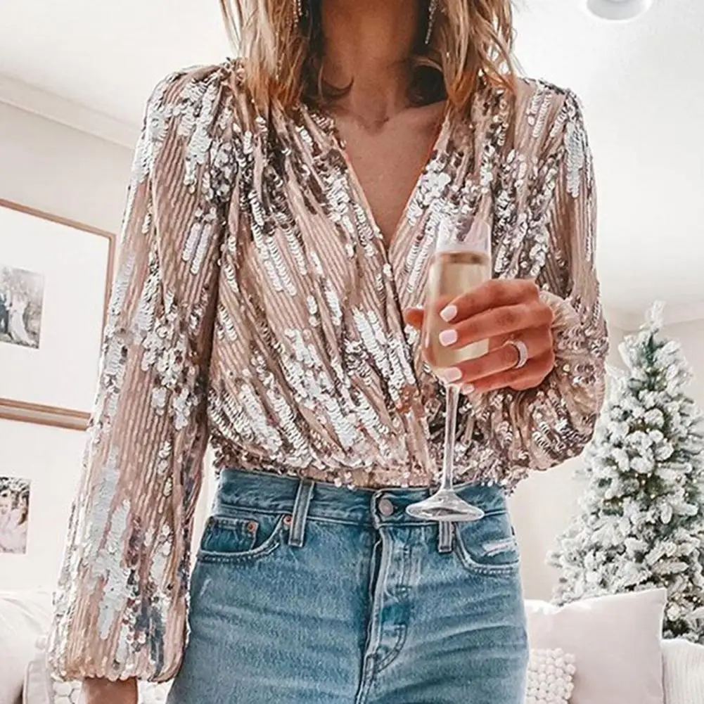 Hot apparel Women Blouses Top Sequined V Neck Silver Color Ladies Blouse Fashion Ladies Women Glitter Blouse Top images - 6