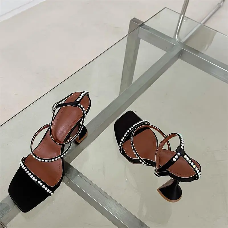 

European Style Sandals Black Silver High heels Women's 2021 New Summer Dress With A Word Buckle Thick Heel Rhinestone Sandals